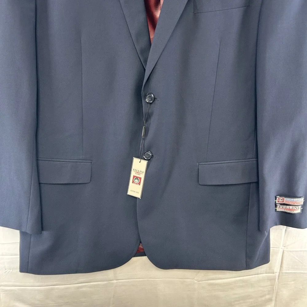 Fellini Uomo Sport Coat Mens 46L Navy Blue Super 140s Wool‎ Blazer SB-2